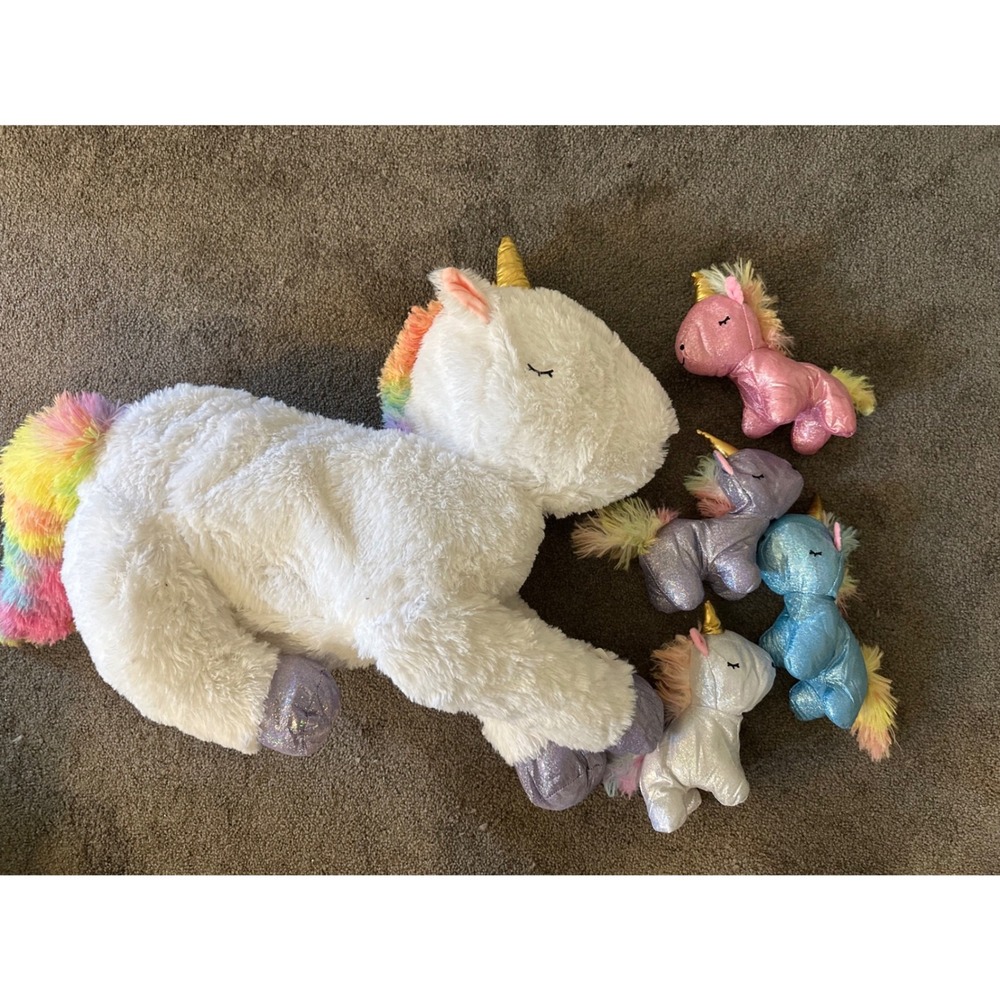 Unicorn Plush Set with 4 Baby Unicorns in Zippered Pouch Rainbow Mane White